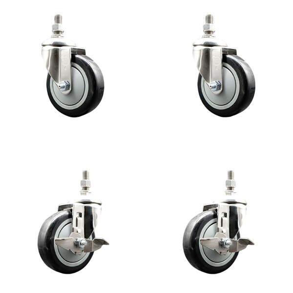 Service Caster 4 Inch 316SS Black Polyurethane Swivel 10mm Threaded Stem Caster Brake, 2PK SS316TS20S414-PPUB-BLK-M1015-2-TLB-2 - main